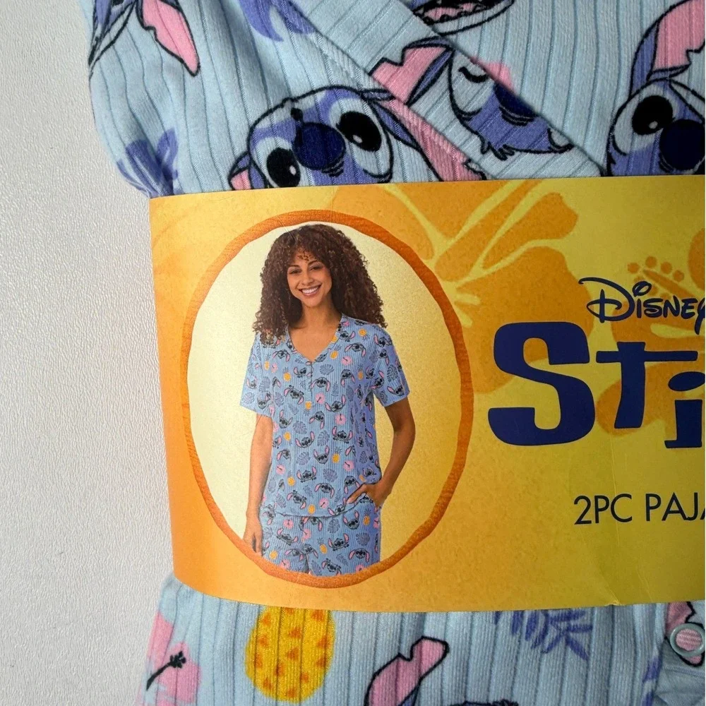Disney Stitch 2PC Pajama Set Womens XL 16-18 Blue Ribbed Short Sleeve Henley PJs - Picture 3 of 7